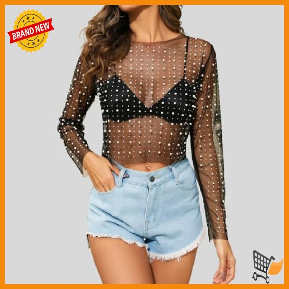 Sheer Mesh Crop Top Rhinestone Pearls Long Sleeve Slim Fit Blouse - Picture 4 of 8